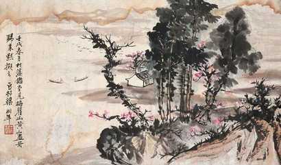 梁树年 壬戌（1982年）作 溪山渔艇 镜心